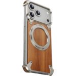 For Iphone 17 Pro Max/17 Pro Titanium Metal Wood Leather Magnetic Frameless Case 360° Rotating Kickstand Airbag Shockproof