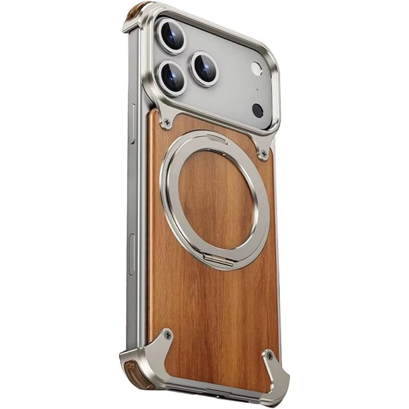 For Iphone 17 Pro Max/17 Pro Titanium Metal Wood Leather Magnetic Frameless Case 360° Rotating Kickstand Airbag Shockproof
