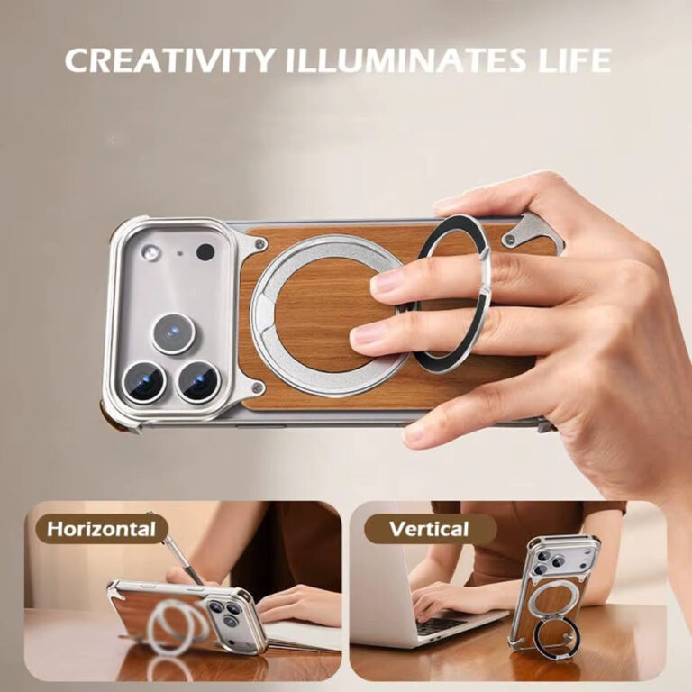 For Iphone 17 Pro Max/17 Pro Titanium Metal Wood Leather Magnetic Frameless Case 360° Rotating Kickstand Airbag Shockproof
