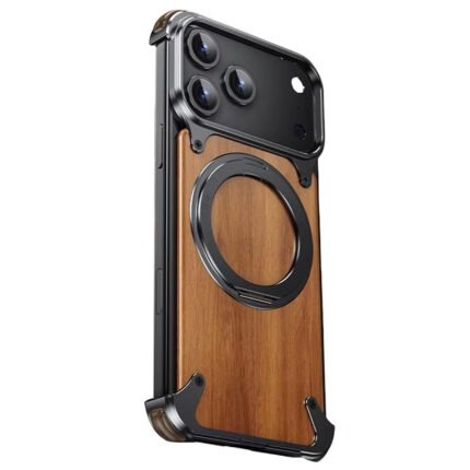 For Iphone 17 Pro Max/17 Pro Titanium Metal Wood Leather Magnetic Frameless Case 360° Rotating Kickstand Airbag Shockproof